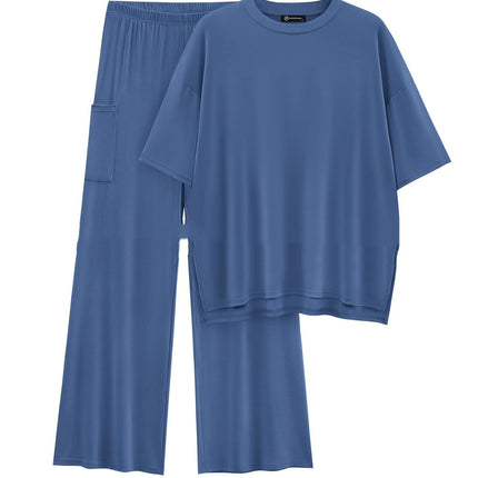 Casual Short Sleeve Pullover Top Wide Leg Pants Casual Suit
