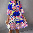 Womens Mini Dress Casual V-Neck Printed Flared Sleeve Pleated Short Beach Dresses