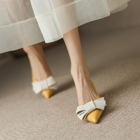 Genuine Leather French Retro Plus Size All-match Bow Pointed Toe Low-cut Shoes Women
