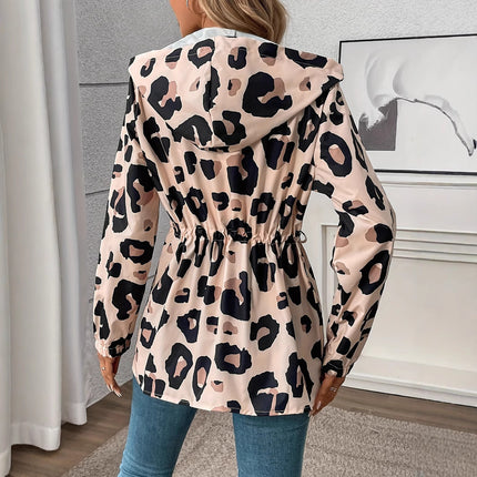 European And American Size Women's Casual Leopard Print Zipper Hooded Jacket Fashion Brand