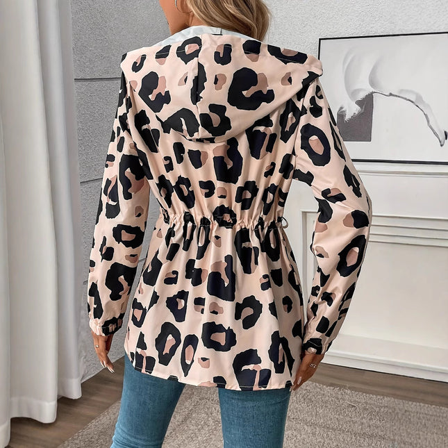 European And American Size Women's Casual Leopard Print Zipper Hooded Jacket Fashion Brand