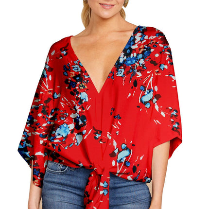 New V Neck Blouse Women Leopard Print Shirts Floral Tie Front Blouses Batwing Summer Oversize Ladies Tops