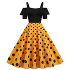 Lotus Leaf Edge Suspender Short Sleeved Black Polka Dot Big Swing Dress