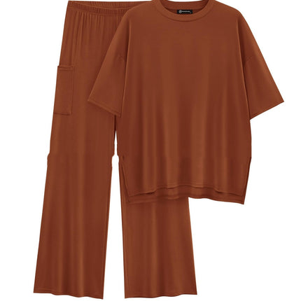 Casual Short Sleeve Pullover Top Wide Leg Pants Casual Suit