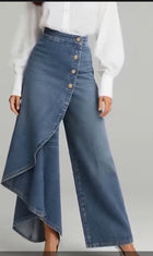 Unique Straight-leg Pants Fashion Large Ruffled Buttons Trousers Women's Faux Jeans Clothing