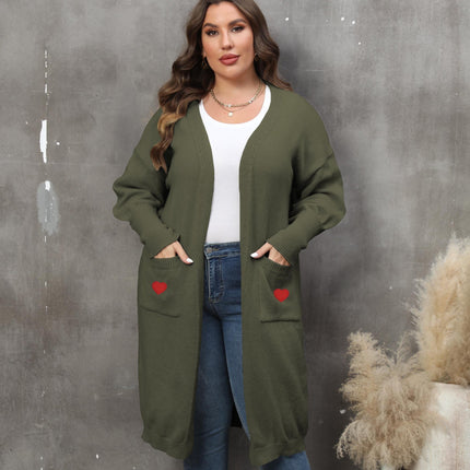 Women's Plus Size Mid-length Woven Love Double Pocket Lantern Sleeve Sweater Cardigan