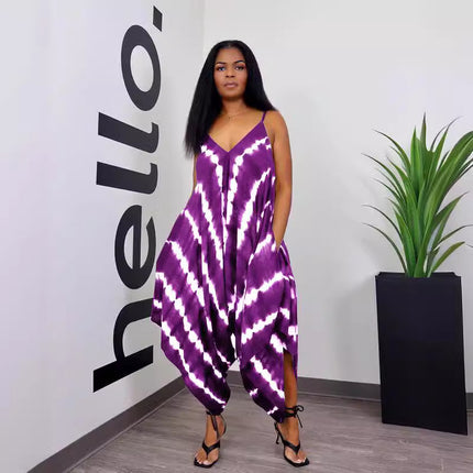 European And American Positioning Printing Fashion Loose Sleeveless Split Jumpsuit