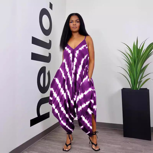 European And American Positioning Printing Fashion Loose Sleeveless Split Jumpsuit