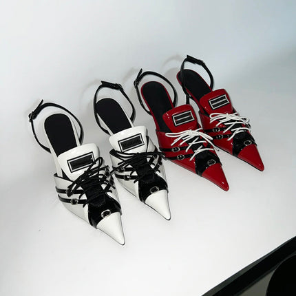 Retro Pointed Stiletto Heel Hollow Patent Leather Sandals For Women