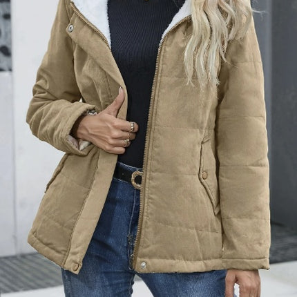 Women's Plain Zipper Front Hooded Fleece Casual Padded Padded Coat