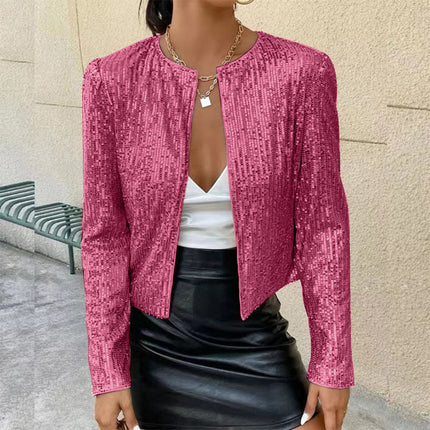 Stand Collar Color Matching Sequins Coat Short Casual Jacket