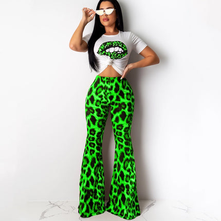 Leopard Print Lip Printings Bell-bottom Pants Two-piece Set