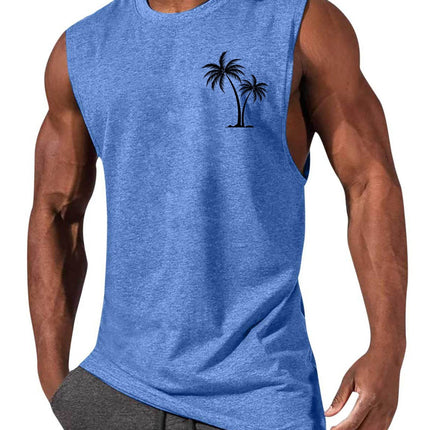 Coconut Tree Embroidery Vest Summer Beach Tank Tops Workout Muscle Men Sports Fitness T-shirt