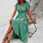 Women's Summer Floral Boho Dress Wrap V Neck Short Sleeve Ruffle A-Line Flowy Maxi Dresses