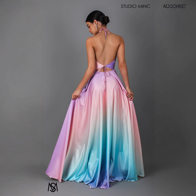 Womens Flared Defined-Waist Gradient-Dye Dress