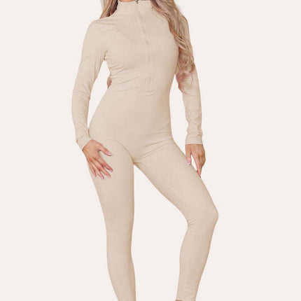 Ribbed High Neck Zipper Collar Jumpsuit Front Unitard Set