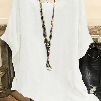 Women Fashion Casual Shirts Solid Color 3 4 Sleeve Round Neck Blouses Summer Loose Tops Streetwear