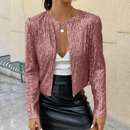Stand Collar Color Matching Sequins Coat Short Casual Jacket