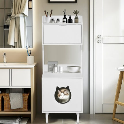 Litter Box Enclosure With Shelves And Doors White Wooden Hidden Cat Litter Box Furniture Industrial Indoor Cat House Washroom Pet Crate Storage Cabinet