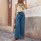 Women's 2 Piece Outfits Summer Casual Sleeveless Halter Neck Crop Tops Wide Leg Pants Set