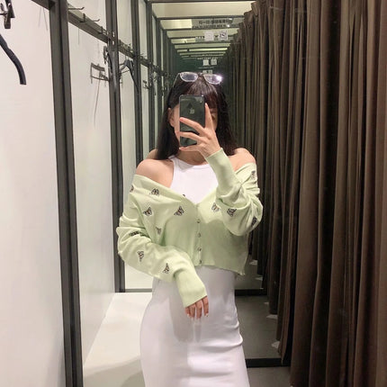 Women Fashion Butterfly Embroidery Cropped Knitted Blouses Vintage