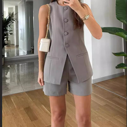2-piece Sleeveless Round Neck Button High-waisted Trousers Business Work Suits