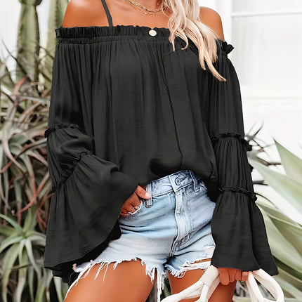 Women'S One Shoulder Elegant And Fashionable Solid Color Off Shoulder Flared Sleeve Shirt For Vacation And Casual Wear