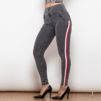 Shascullfites Melody High Waist Dark Thread Grey Jeans With Stripe Jeans Bum Lift Pants Shaping Jeggings Women Pants