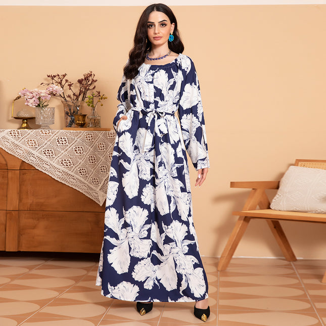 Elegant Style Round Neck Color Contrast Flowers Belt Flared Sleeve Long Dresses