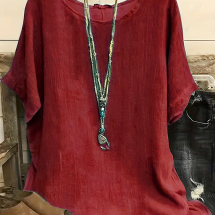 Women Fashion Casual Shirts Solid Color 3 4 Sleeve Round Neck Blouses Summer Loose Tops Streetwear