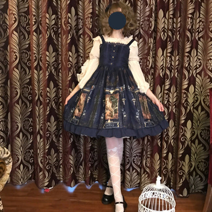 Gothic Lolita Dress Woman Vintage Kawaii Chiffon Palace Princess Party Wear Lantern Sleeve Printed Cute Cosplay Costumes