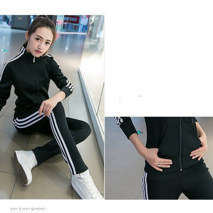 Spring and Autumn New Korean Fashion Running Sportswear Set Female Student Stand Collar Three Bars Two Piece Set Women