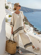 Summer Striped Suits Loose Batwing Sleeve T-shirt And Solid Straight-leg Pants