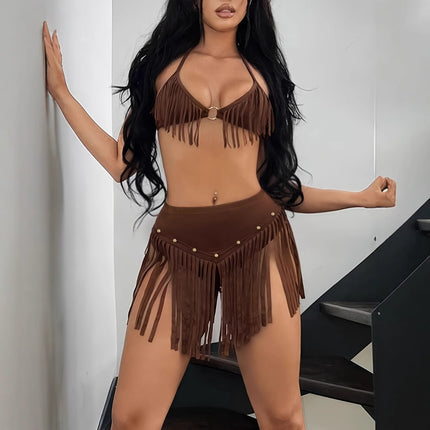 Women's Holiday Style Tassel Hanging Neck Backless Vest Set