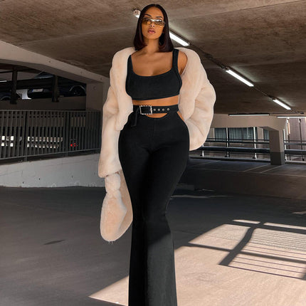 Women's Solid Color Sleeveless Vest Bell-bottom Pants Two-piece Set