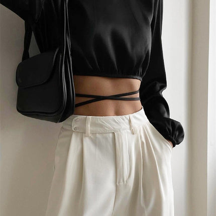 New Lace-up Backless Design Sense Short Section Sexy Navel Long-sleeved Tops Europe And The United States Women Blouses