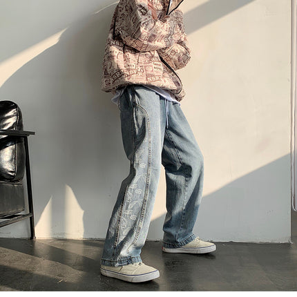 Retro Jeans Ins Men and Women Stitching Cashew Jacquard Loose Wide-leg Straight Pants Drawstring Trousers Tide
