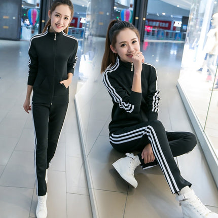 Spring and Autumn New Korean Fashion Running Sportswear Set Female Student Stand Collar Three Bars Two Piece Set Women