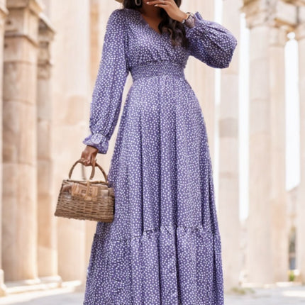 Floral Print Flounce Sleeve Shirred Dress Maxi Women Outfit
