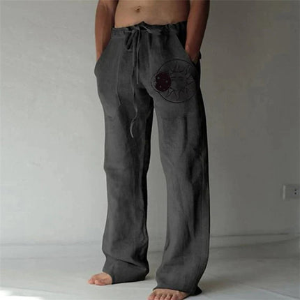 Printed Cotton And Linen Loose Casual Drawstring Trousers