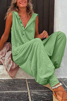 Hot Selling Button Up Hooded Sleeveless Pants In Stock, Jumpsuit With Pockets