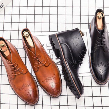 Simple Carved Casual Pointed Inner Height Increasing Leather Shoes