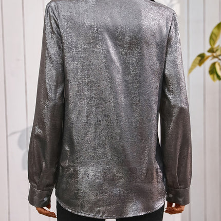 Satin Minimalist Long Sleeved V-Neck Button Pocket Daily Shirt - Women's Casual Top
