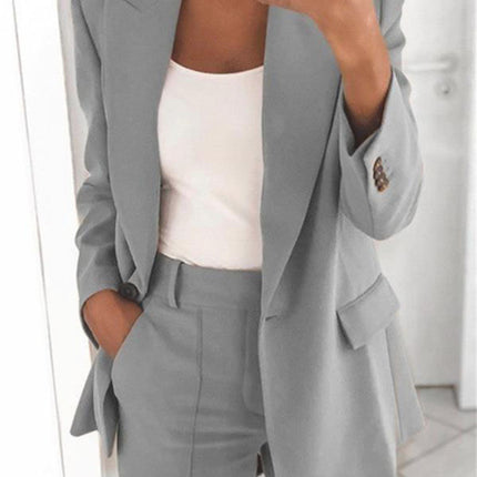 Ins Button Casual Suit Fashion Long-sleeved Lapel Blazer Jacket And Slim-fit Pocket Trousers For Women Clothing