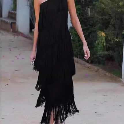 Women's Solid Color Diagonal Collar Multi-layer Tassel Stitching Design Dress