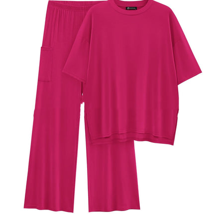 Casual Short Sleeve Pullover Top Wide Leg Pants Casual Suit