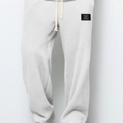 Waffle Straight Pants Fashion Brand Loose Loose  Drawstring Pockets Trousers Casual Men's Clothing