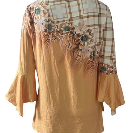 Spring And Autumn New Printed Spike Button Irregular Three-quarter Sleeve T-shirt Casual Top Yellow