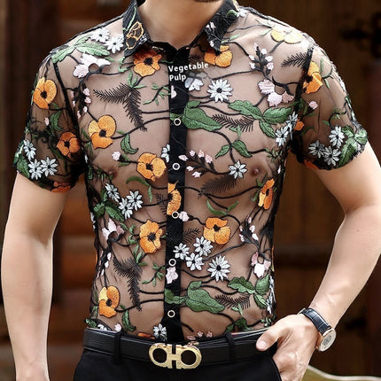 Short Sleeve Hollow Men's Shirt Flocking Embroidered Shirt