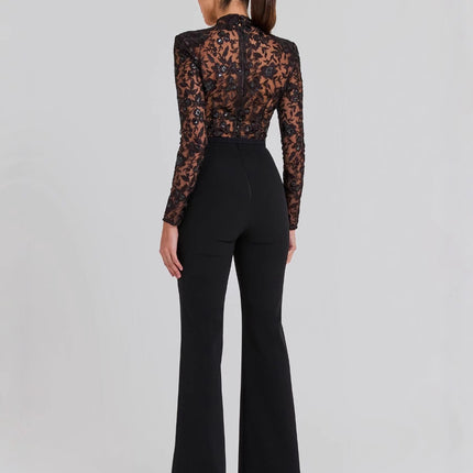 Black See-through Lace Long-sleeved Trousers Jumpsuit